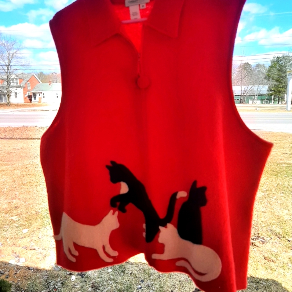 3x Coldwater Creek wool zip vest with applique cats